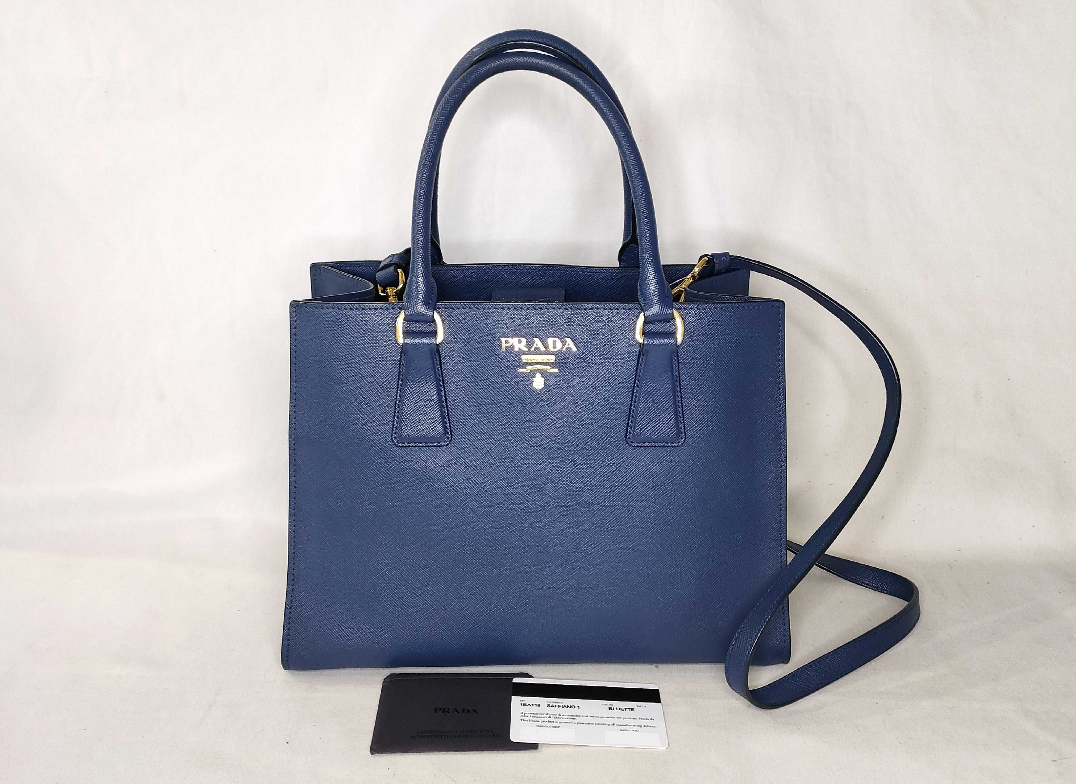 Prada Saffiano Lux Tote Bag 1BA118 Bluette Blue with Shoulder Strap