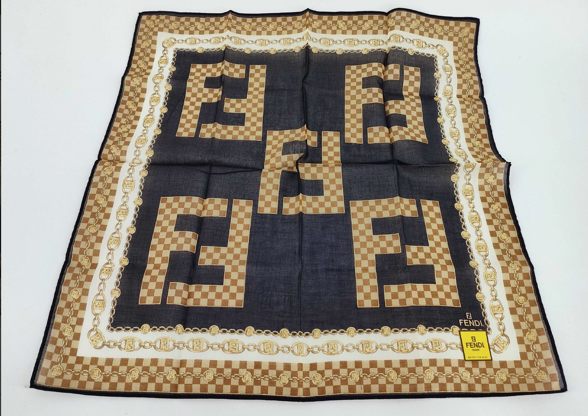 Fendi Vintage FF Logo Chain Print Silk Scarf Brown Black Beige