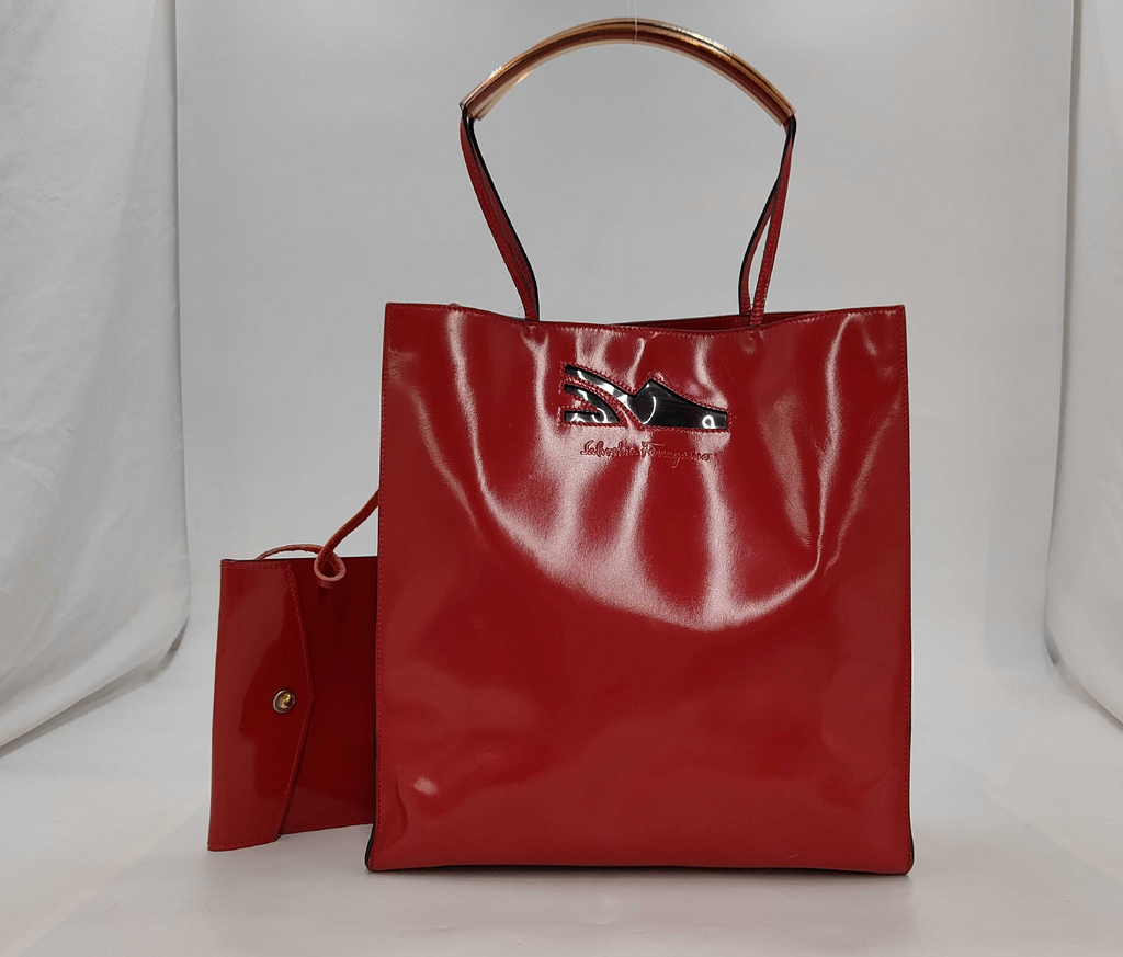 Salvatore Ferragamo Red Patent Leather Large Tote Gold Handles + Pouch