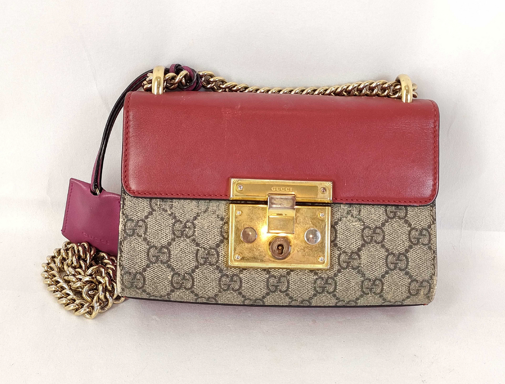 Gucci Padlock Small GG Supreme Canvas & Red Leather Chain Crossbody Bag