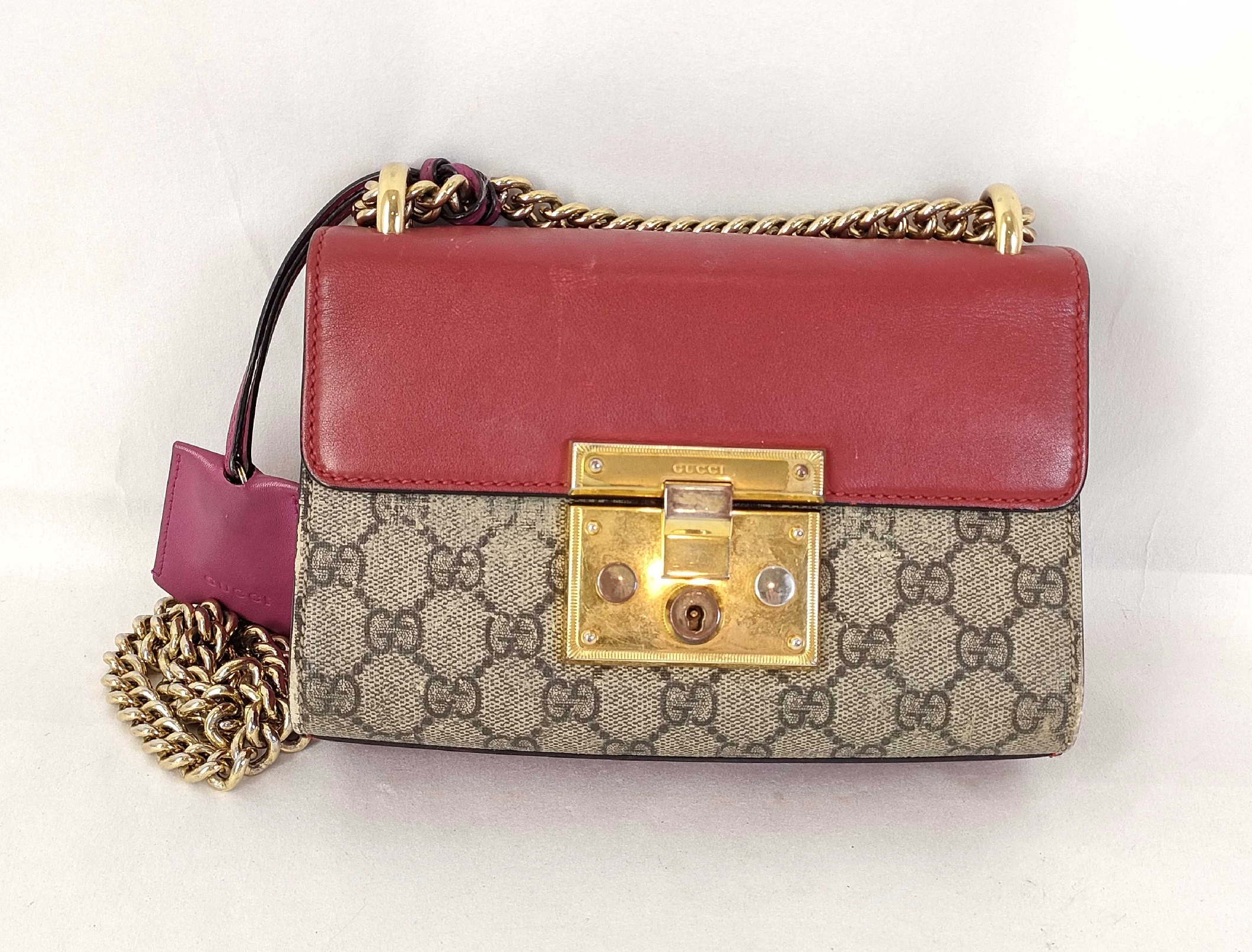Gucci Padlock Small GG Supreme Canvas & Red Leather Chain Crossbody Bag