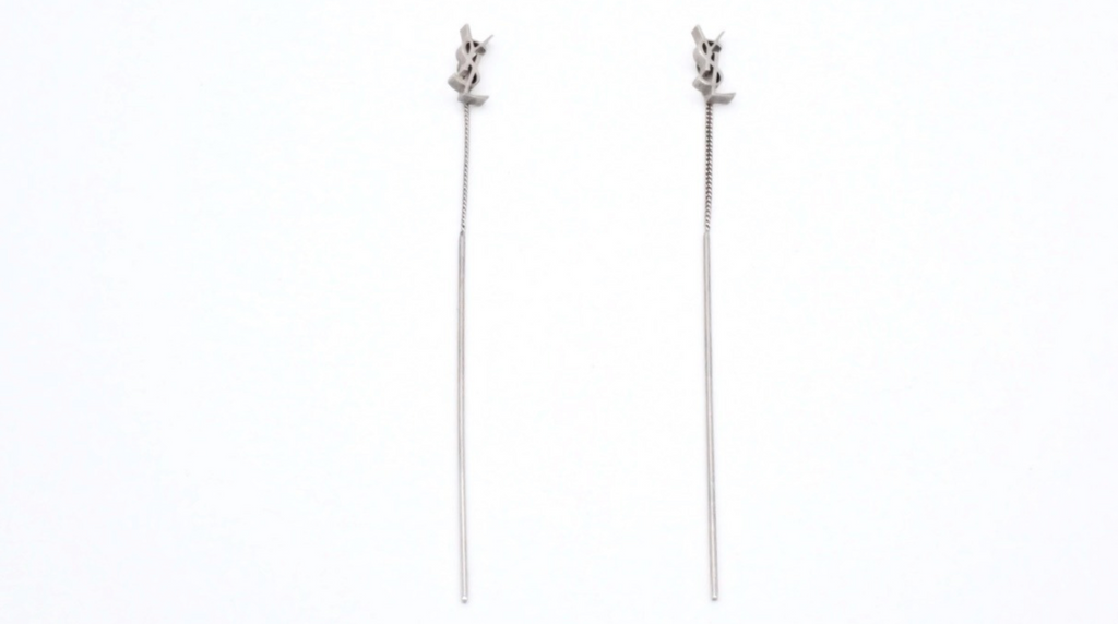 Saint Laurent YSL Silver Tone Logo Threader Drop Earrings