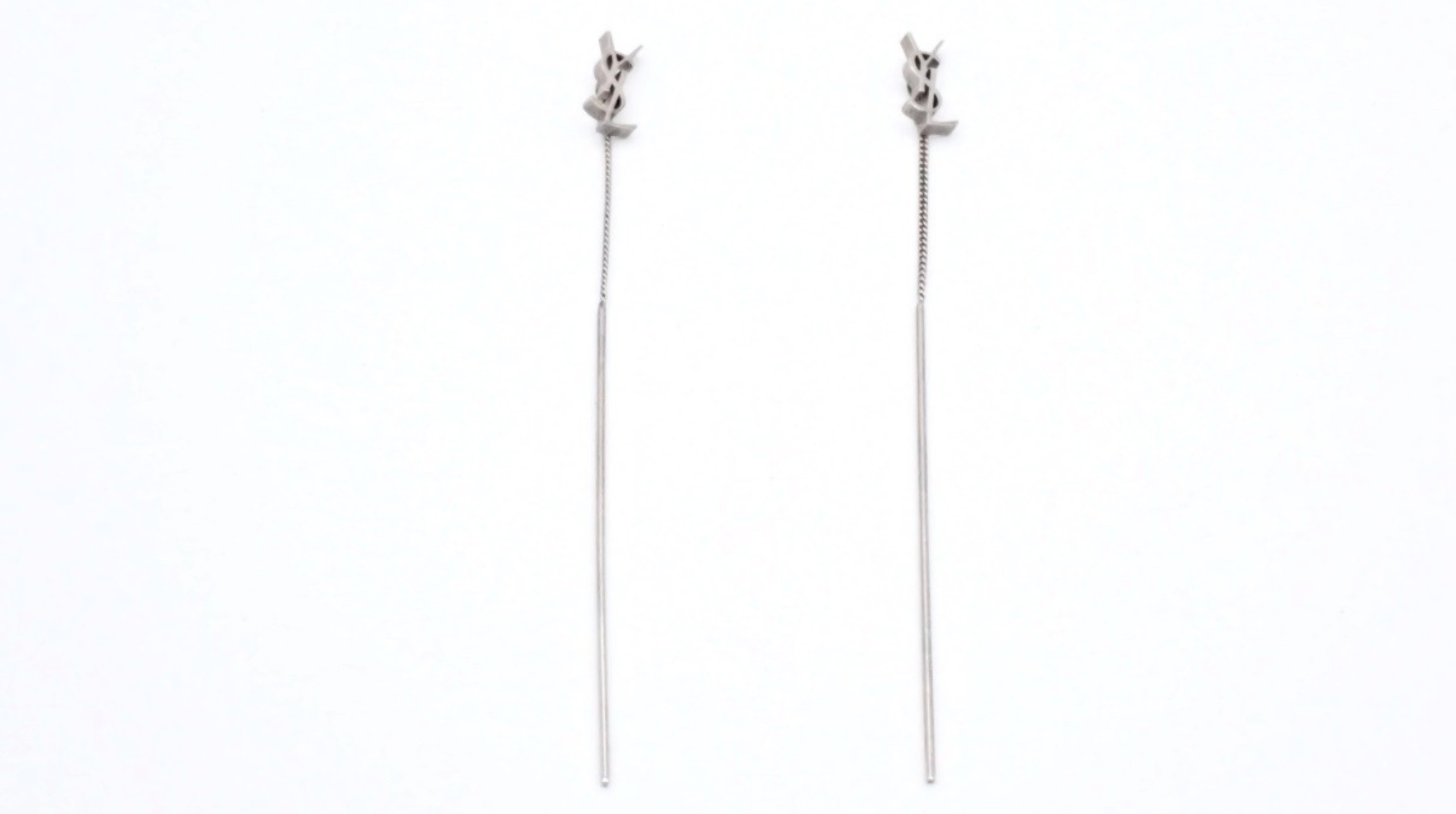 Saint Laurent YSL Silver Tone Logo Threader Drop Earrings