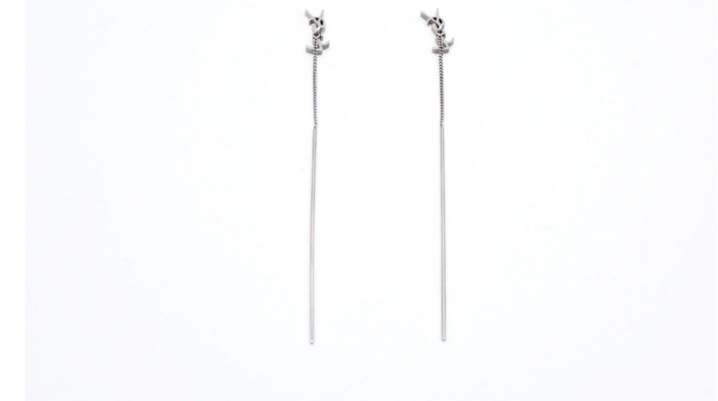 Saint Laurent YSL Silver Tone Logo Threader Drop Earrings