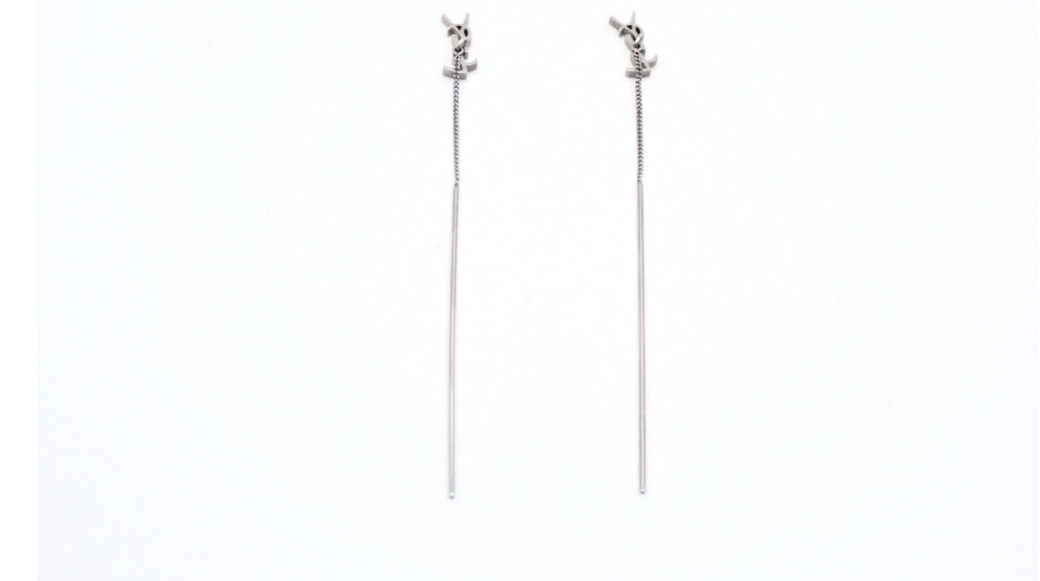 Saint Laurent YSL Silver Tone Logo Threader Drop Earrings