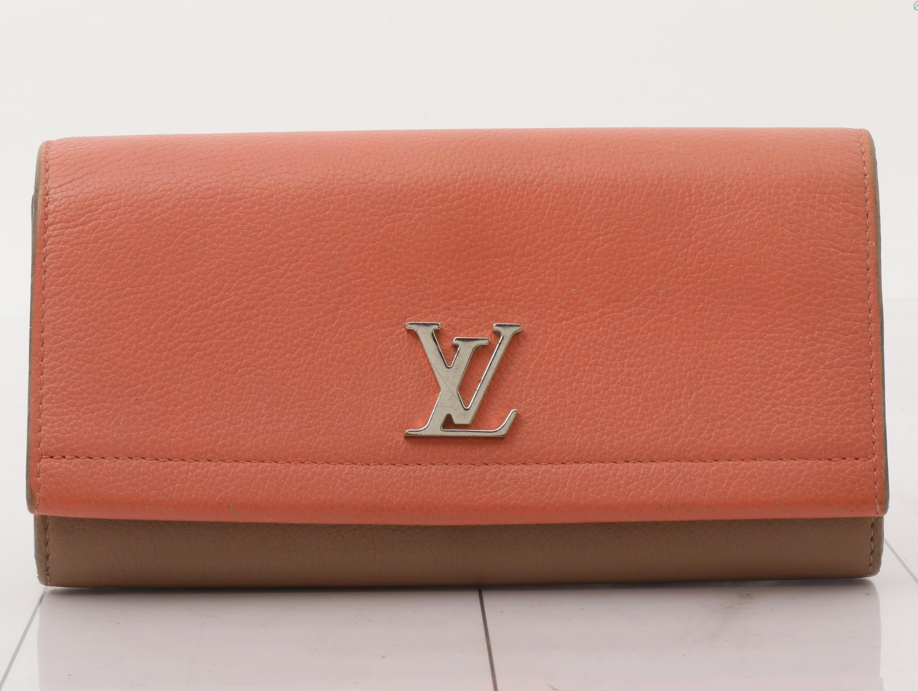 Louis Vuitton Lockme II Long Wallet Coral Pink Taupe Leather