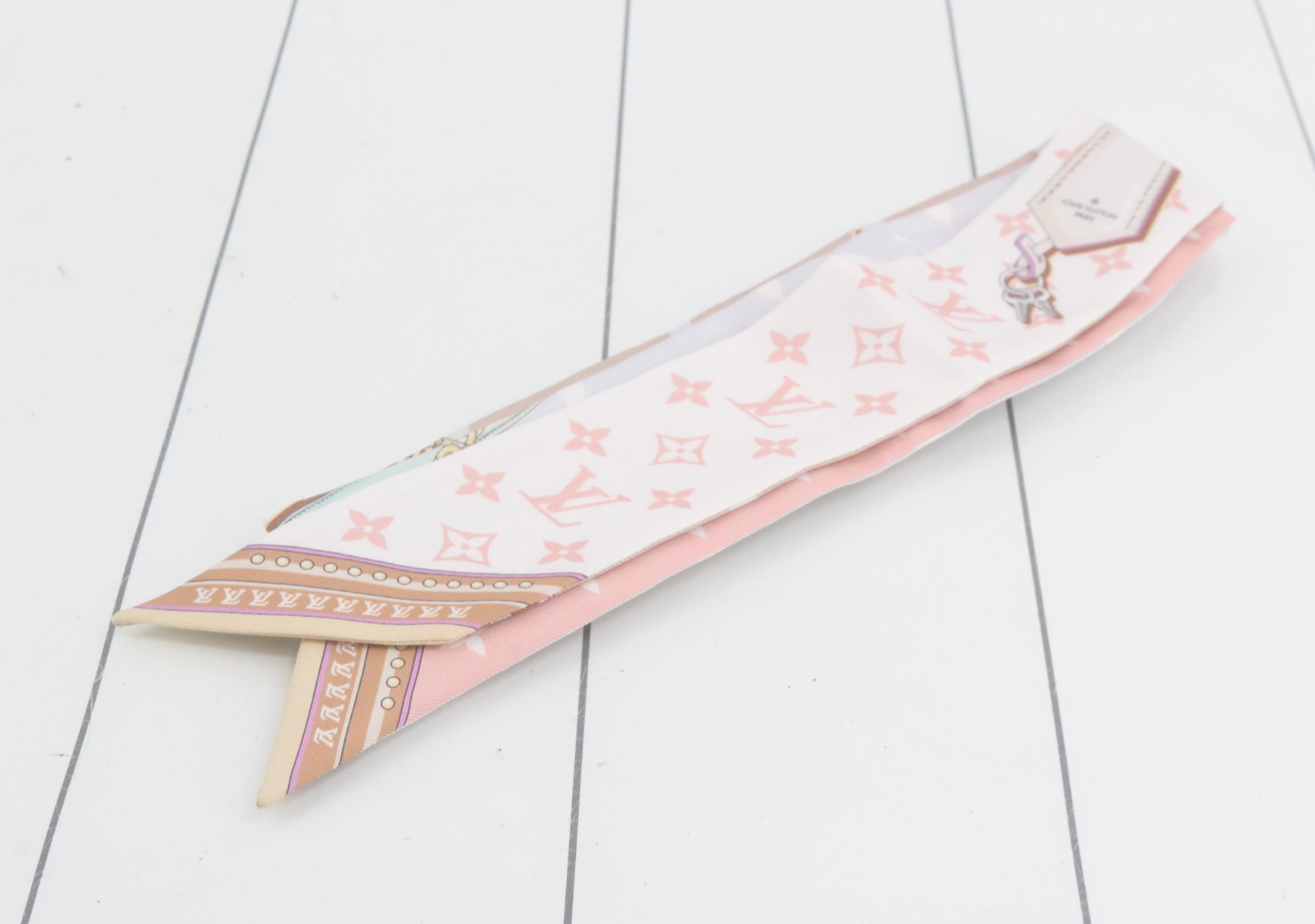 Louis Vuitton Monogram BB Bandeau Silk Scarf Pink White Made in Italy with Box