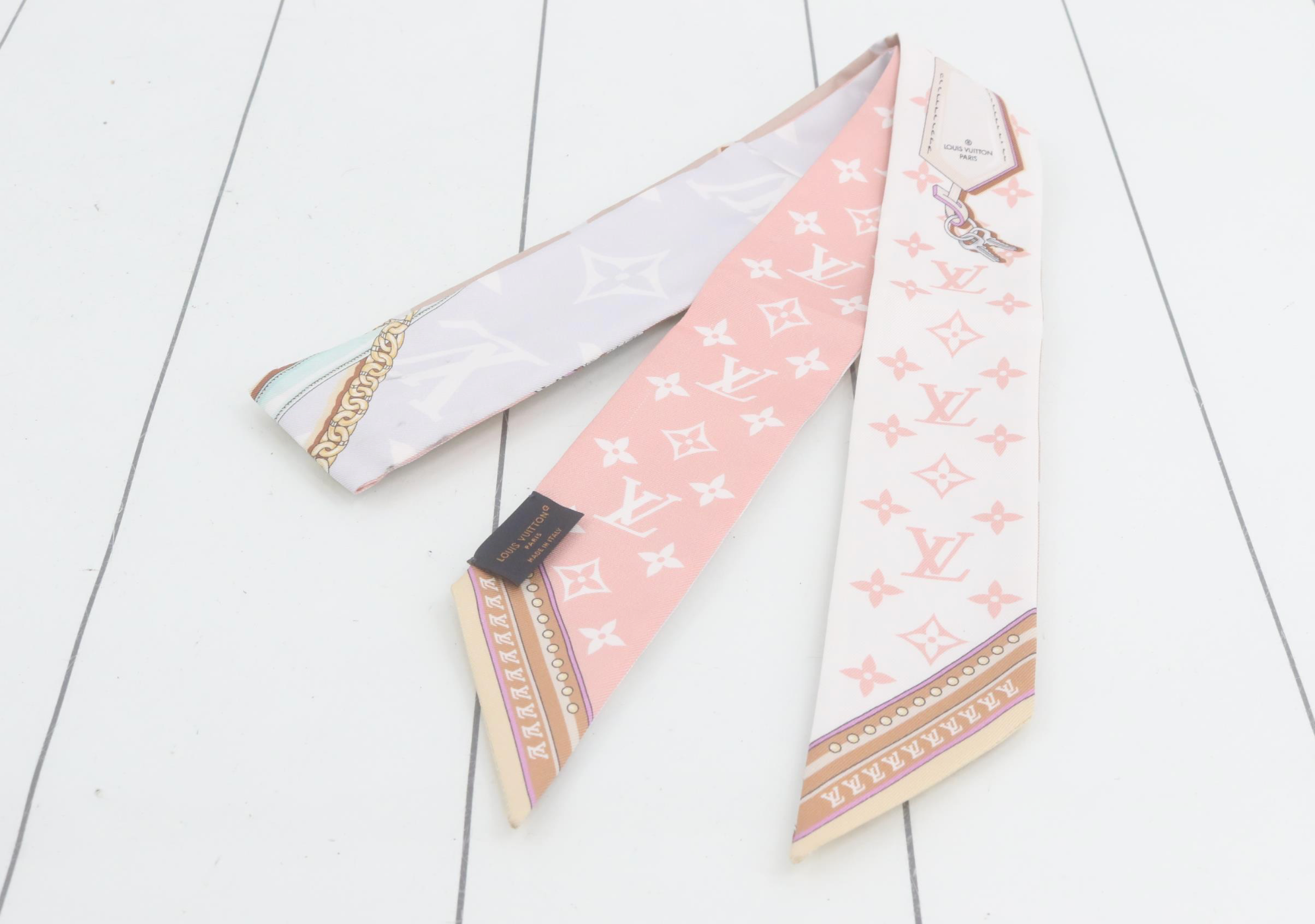 Louis Vuitton Monogram BB Bandeau Silk Scarf Pink White Made in Italy with Box