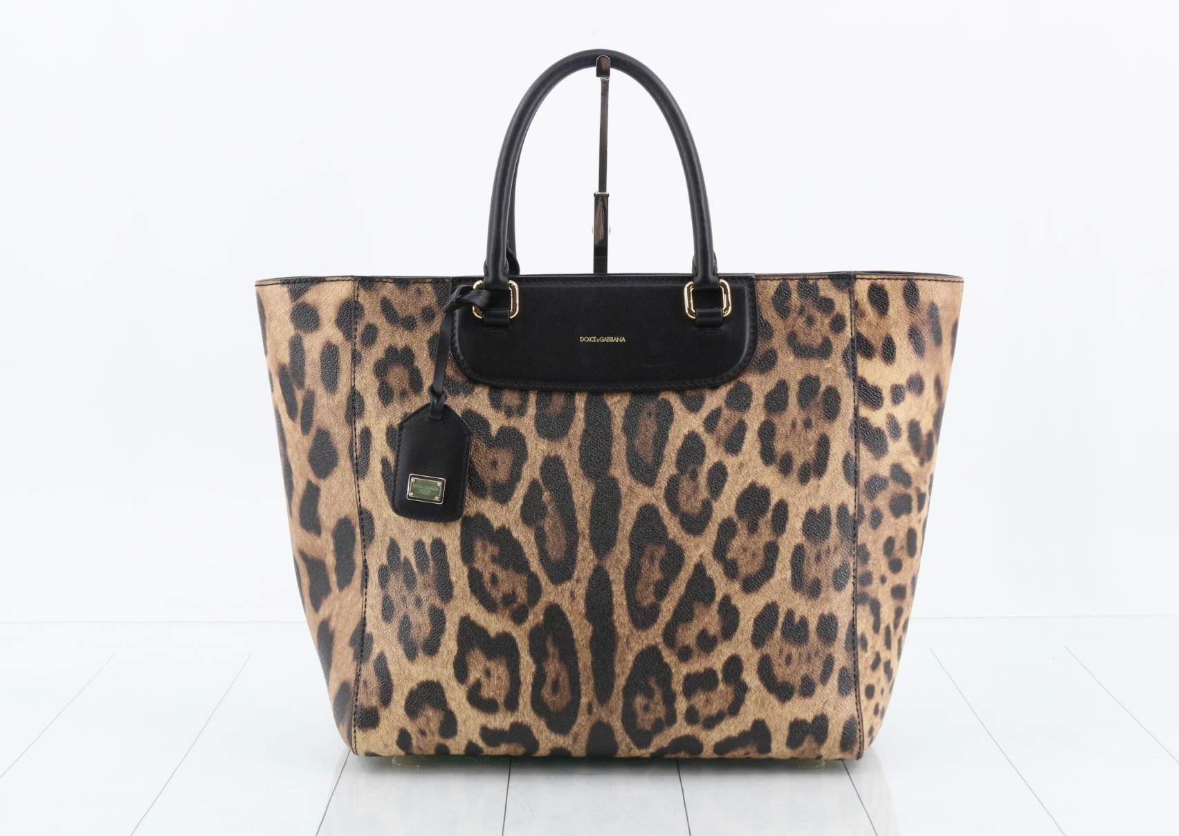 Dolce & Gabbana Leopard Print Large Tote Bag Black Leather
