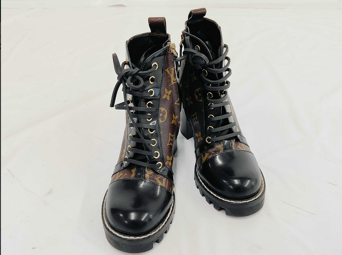 Louis Vuitton Monogram Lace-Up Ankle Boots Black Leather Size 38.5