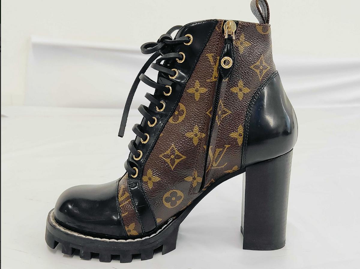 Louis Vuitton Monogram Lace-Up Ankle Boots Black Leather Size 38.5