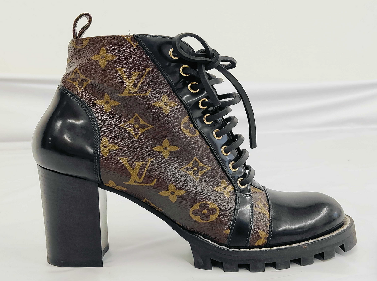 Louis Vuitton Monogram Lace-Up Ankle Boots Black Leather Size 38.5