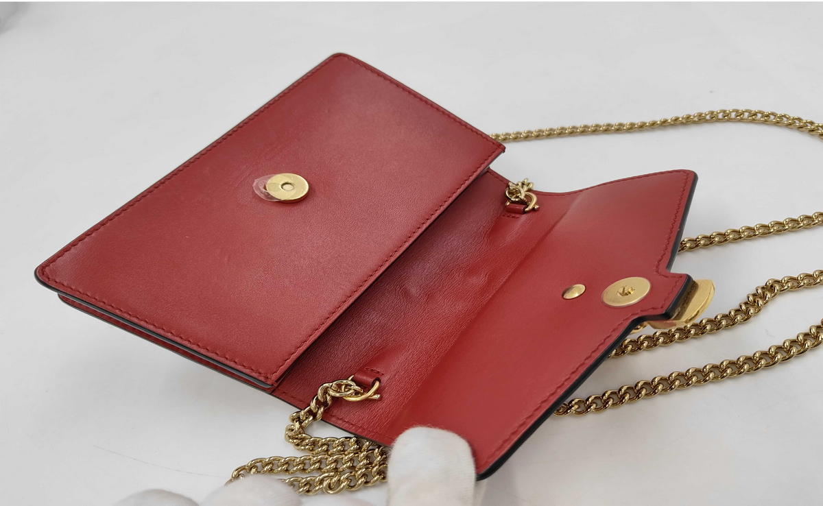 Gucci Sylvie Red Leather Web Stripe Chain Wallet on Chain