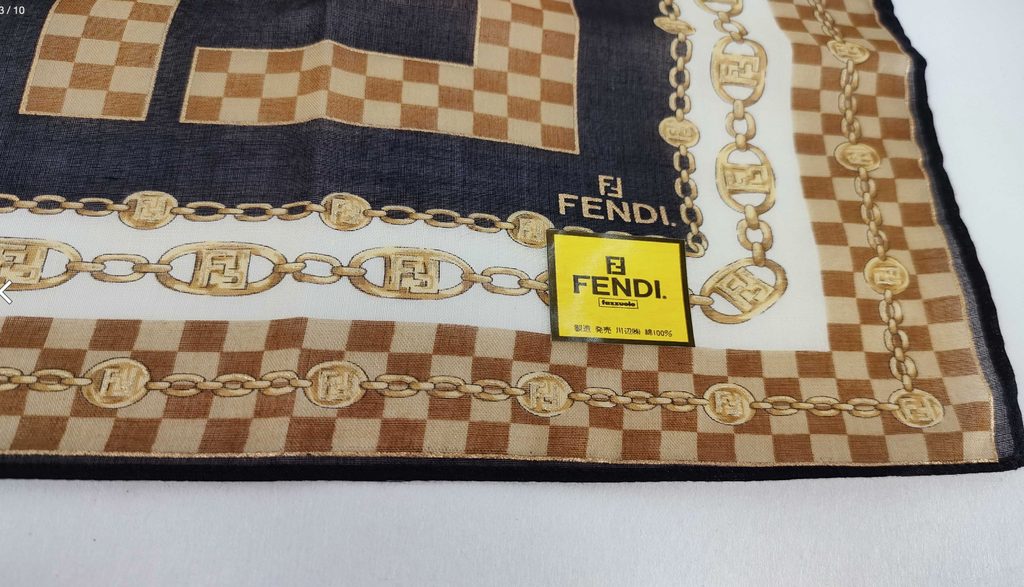 Fendi Vintage FF Logo Chain Print Silk Scarf Brown Black Beige