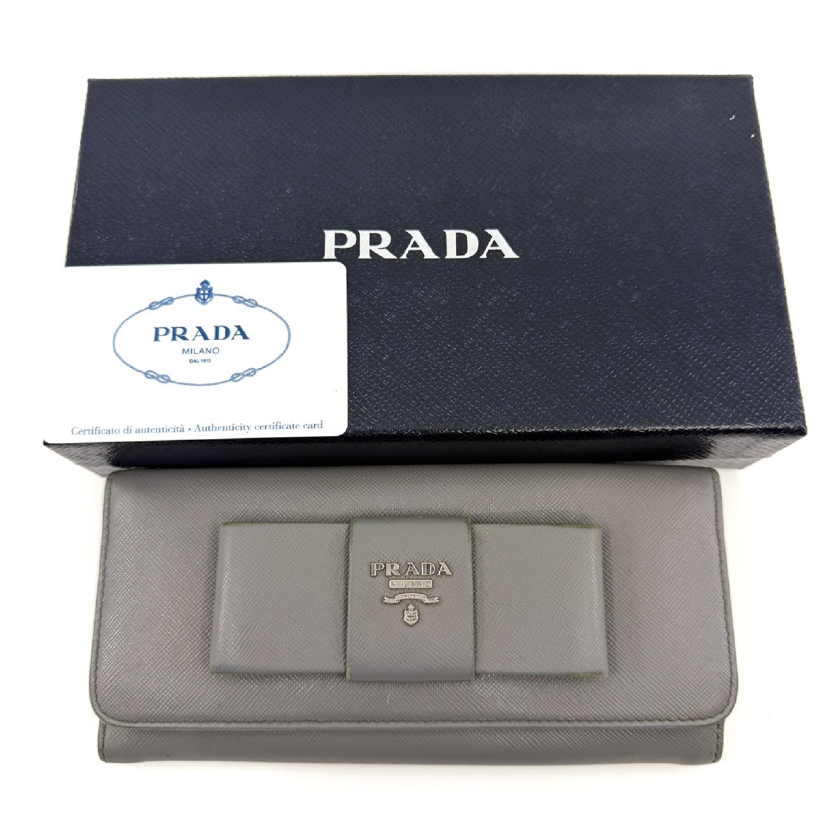 Authentic Prada Grey Saffiano Leather Bow Continental Long Wallet with Box
