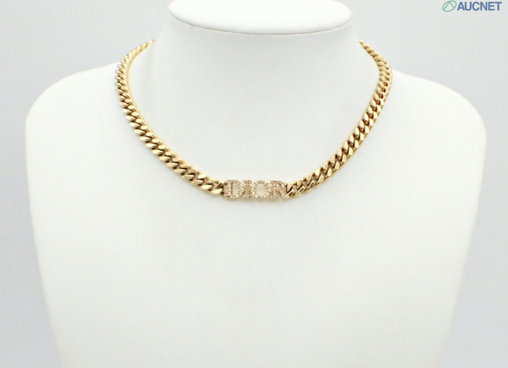 Christian Dior Gold-Tone Crystal DIOR Logo Curb Chain Necklace