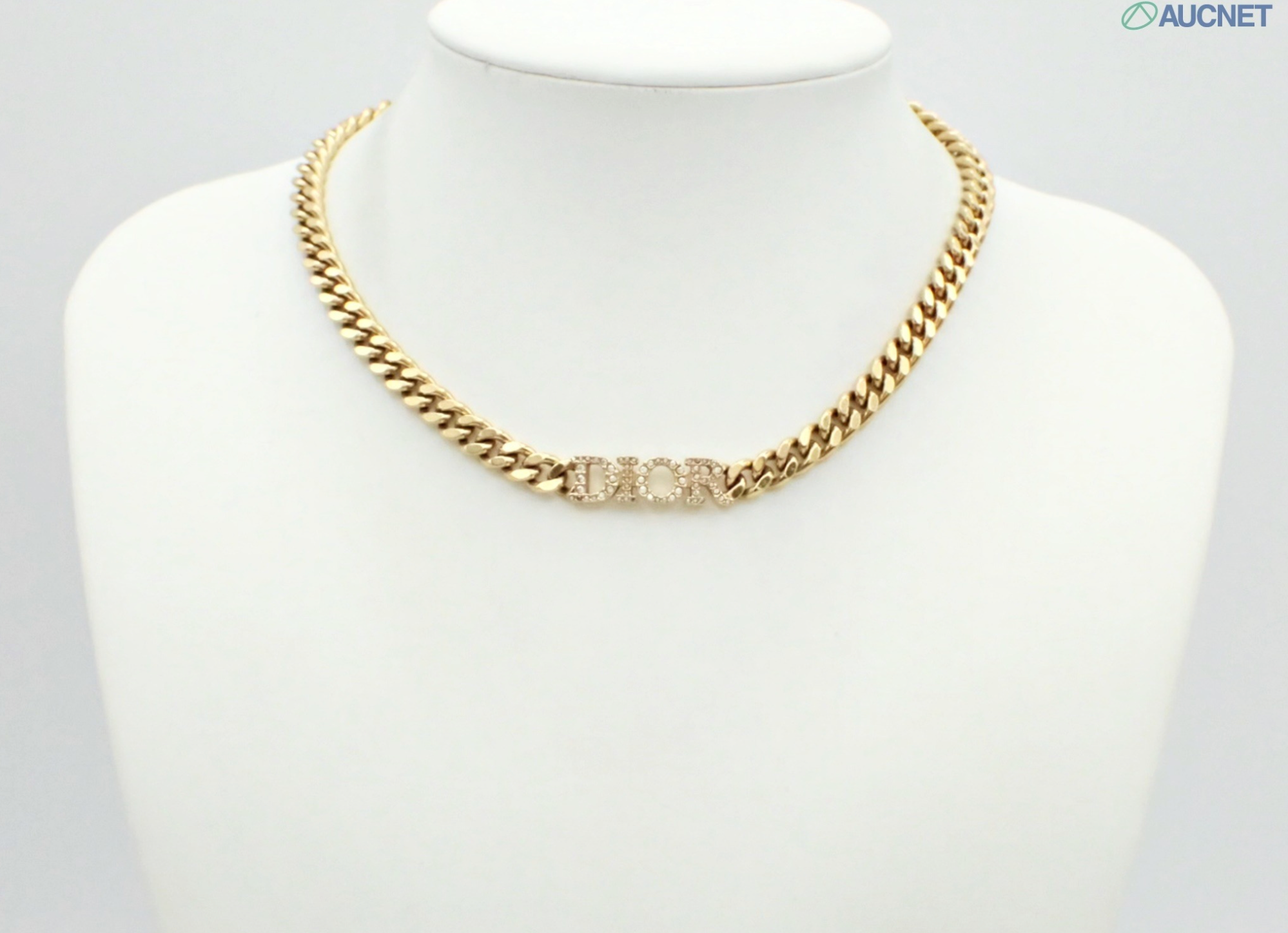Christian Dior Gold-Tone Crystal DIOR Logo Curb Chain Necklace