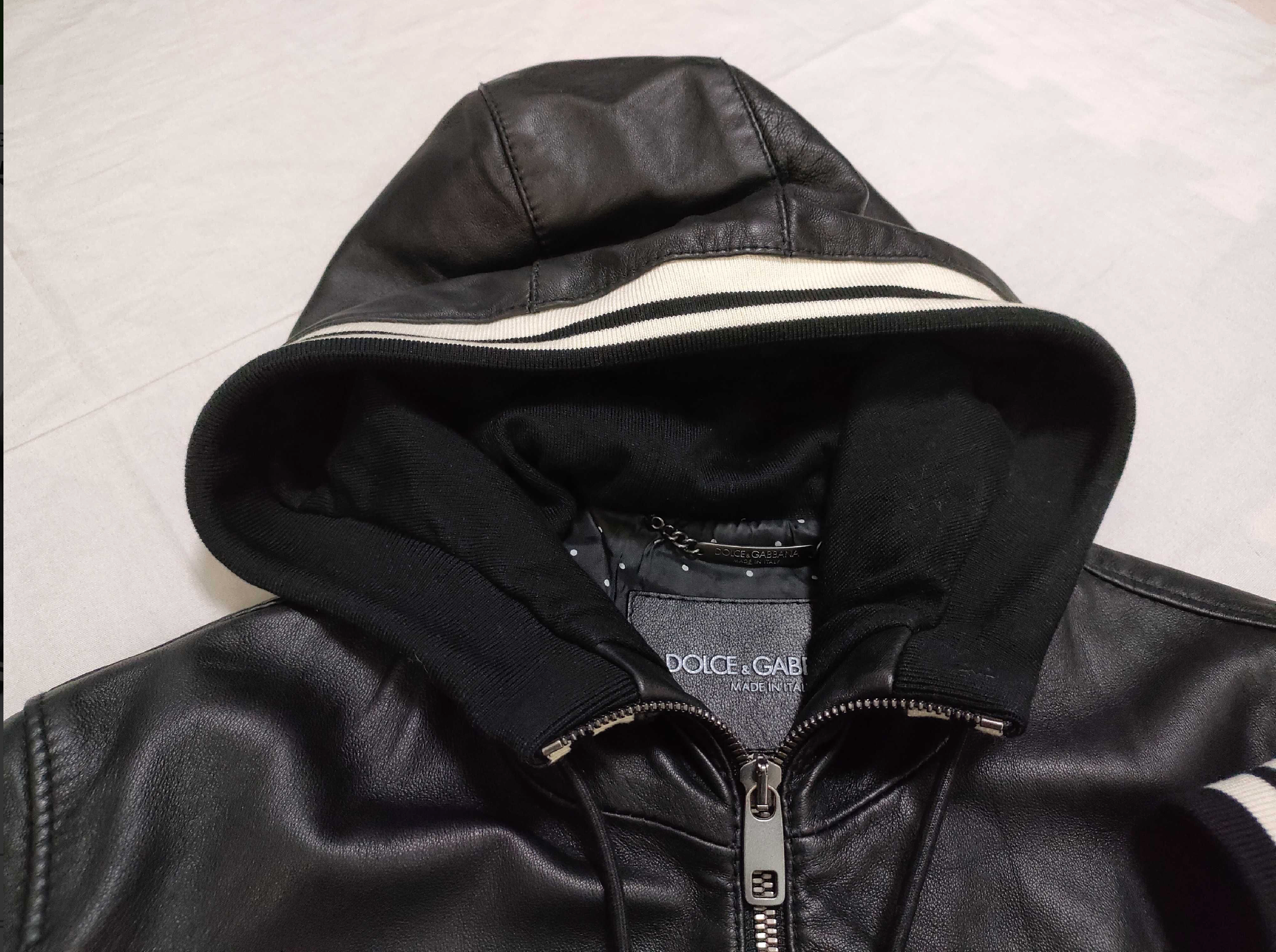 Dolce & Gabbana Black Lambskin Leather Hooded Bomber Jacket Men's IT 44