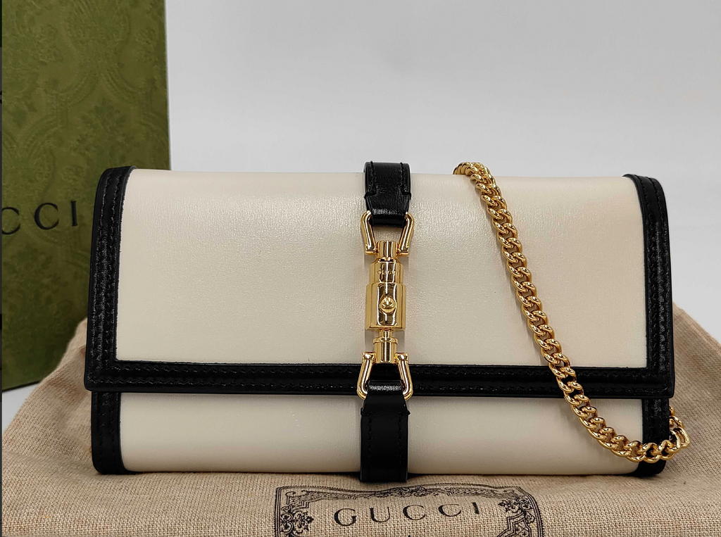Gucci Jackie 1961 Chain Wallet Shoulder Bag Ivory Black Leather Gold Hardware