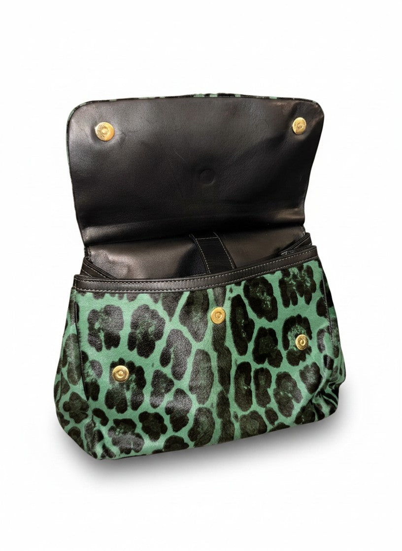 Dolce and Gabbana Green Pony Hair Leopard Sicily Top Handle Bag