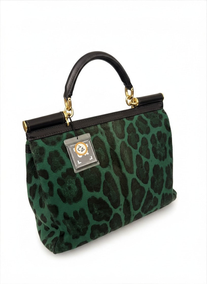 Dolce and Gabbana Green Pony Hair Leopard Sicily Top Handle Bag