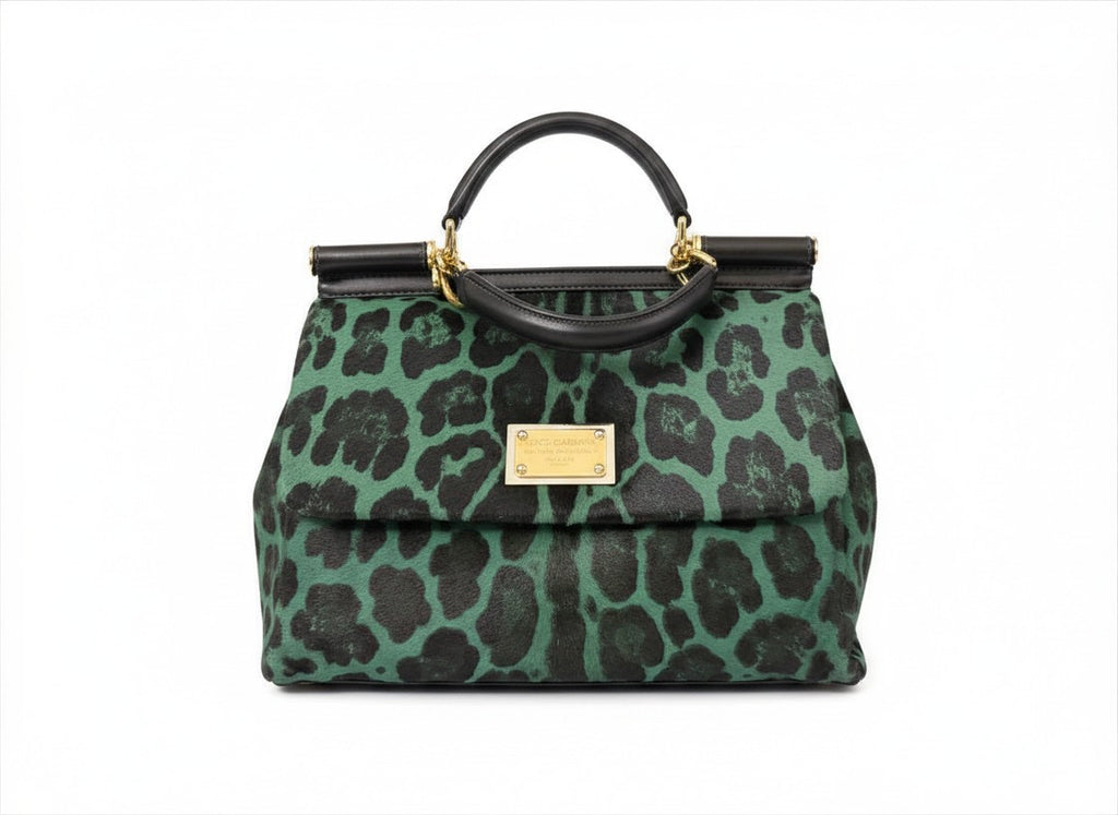 Dolce and Gabbana Green Pony Hair Leopard Sicily Top Handle Bag