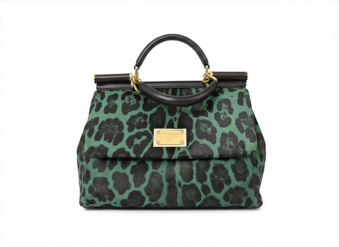 Dolce and Gabbana Green Pony Hair Leopard Sicily Top Handle Bag