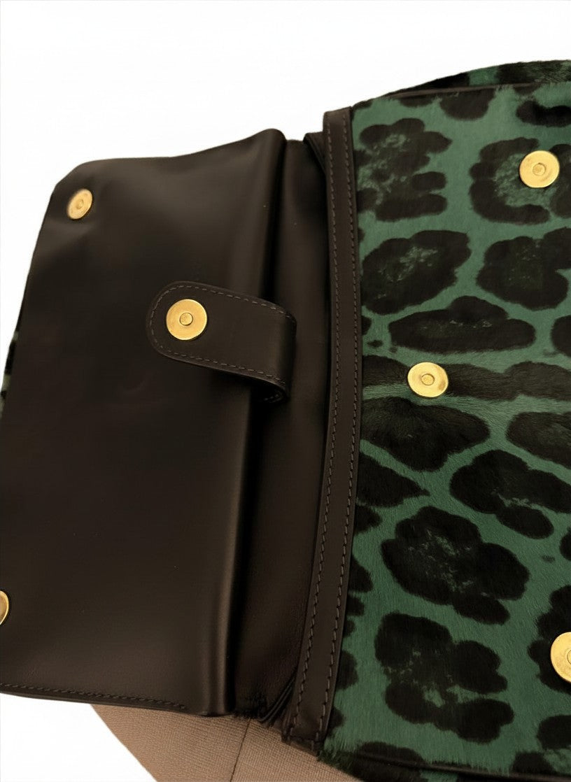 Dolce and Gabbana Green Pony Hair Leopard Sicily Top Handle Bag