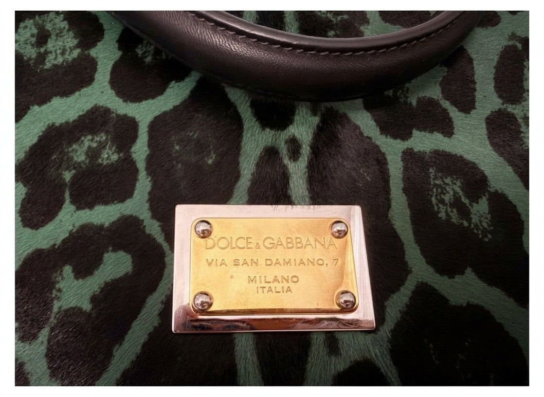 Dolce and Gabbana Green Pony Hair Leopard Sicily Top Handle Bag