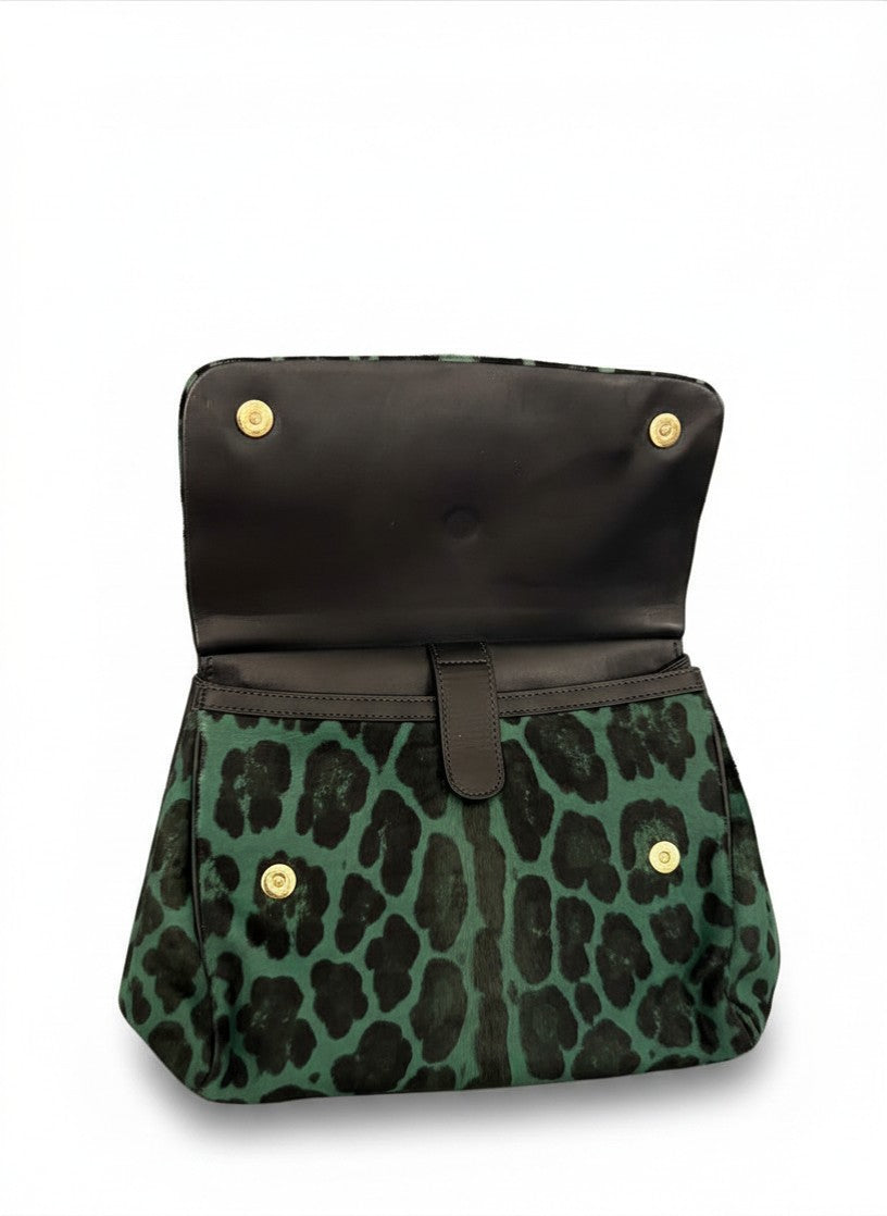 Dolce and Gabbana Green Pony Hair Leopard Sicily Top Handle Bag