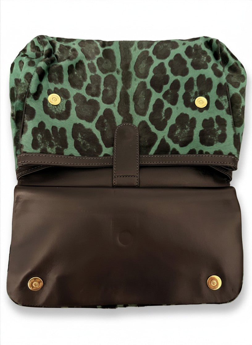 Dolce and Gabbana Green Pony Hair Leopard Sicily Top Handle Bag
