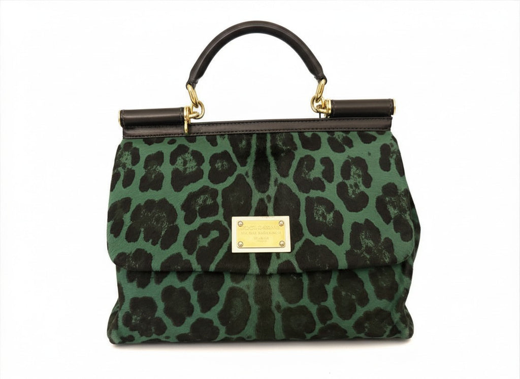 Dolce and Gabbana Green Pony Hair Leopard Sicily Top Handle Bag