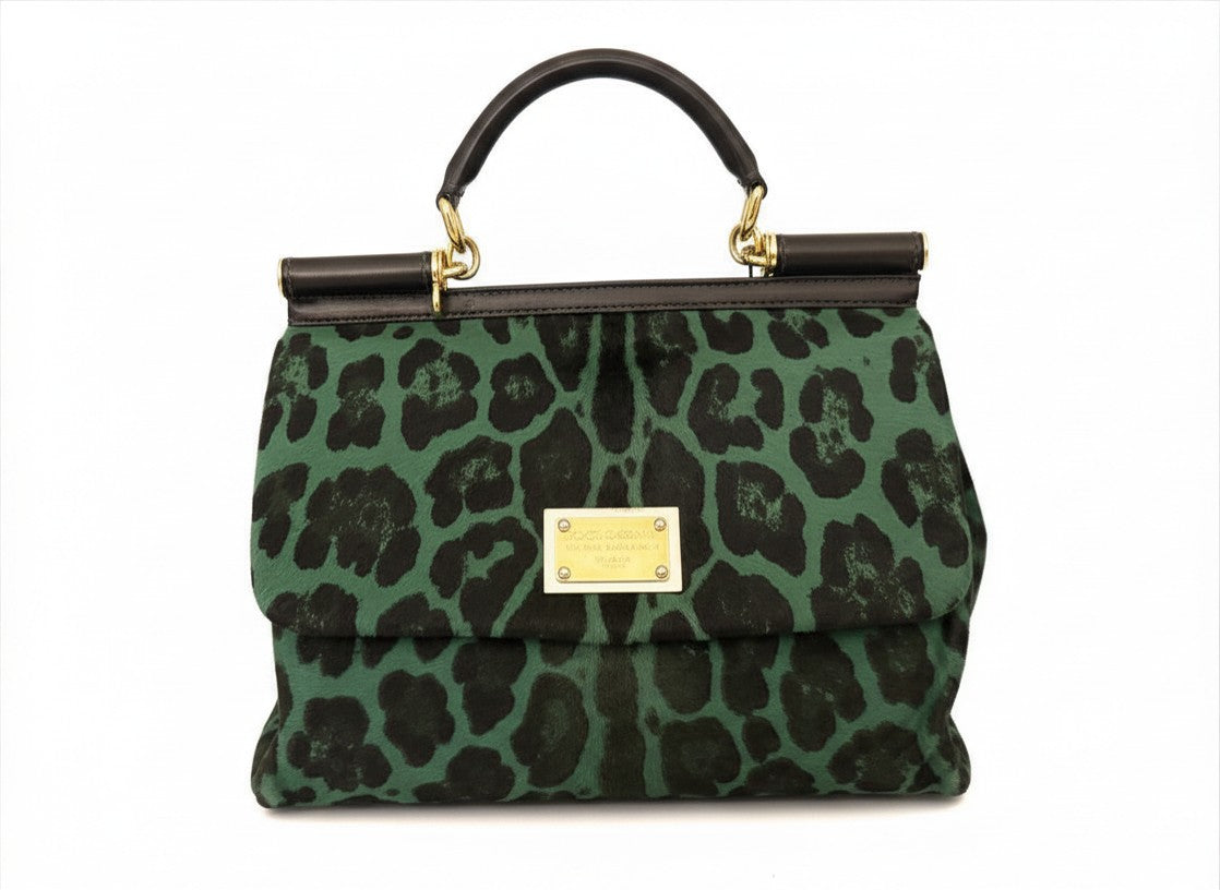 Dolce and Gabbana Green Pony Hair Leopard Sicily Top Handle Bag