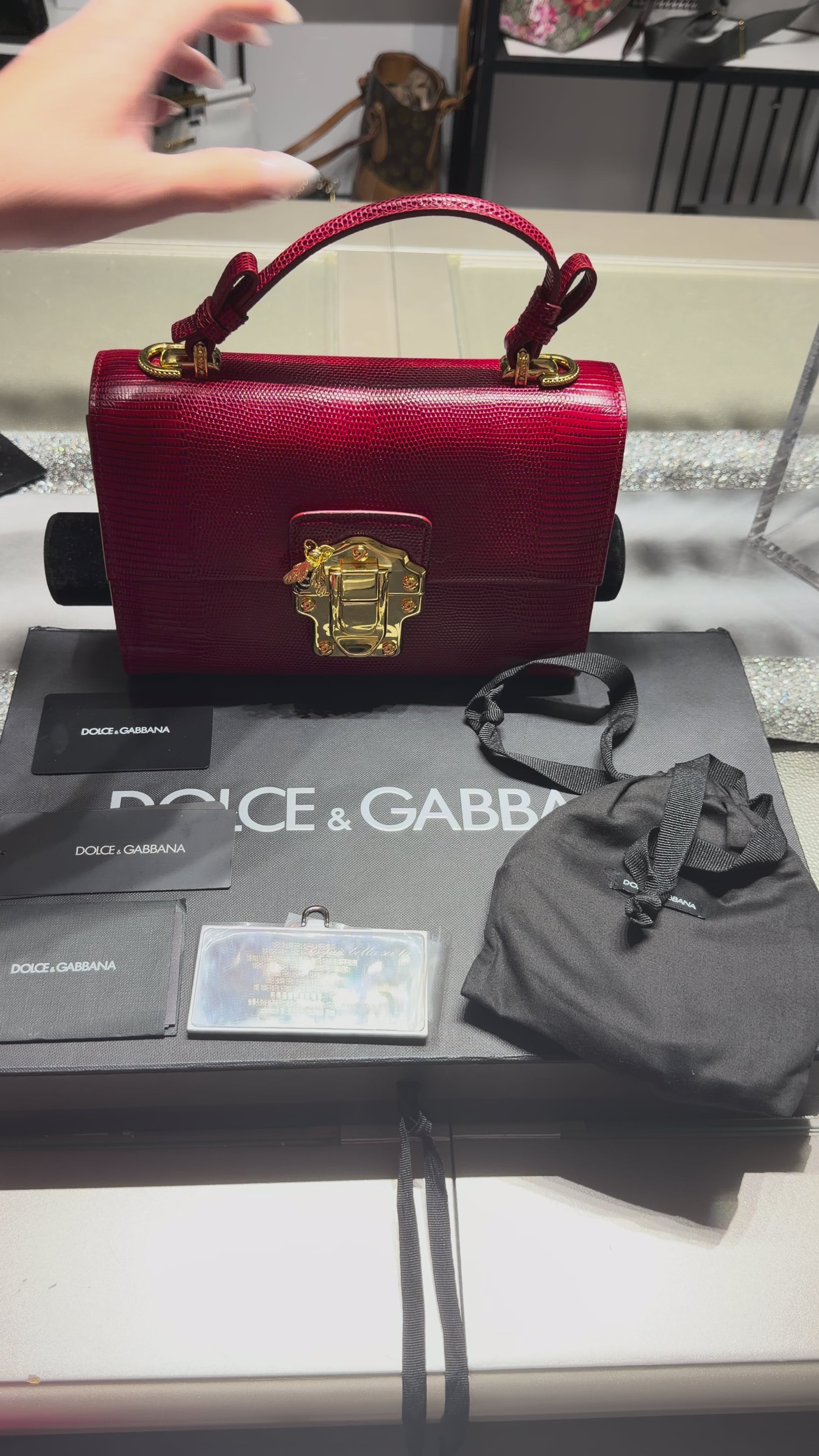 Dolce & Gabbana Red Lucia Lizard-Embossed Leather Top Handle Shoulder Bag