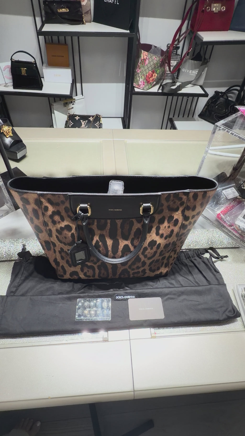 Dolce & Gabbana Leopard Print Large Tote Bag Black Leather