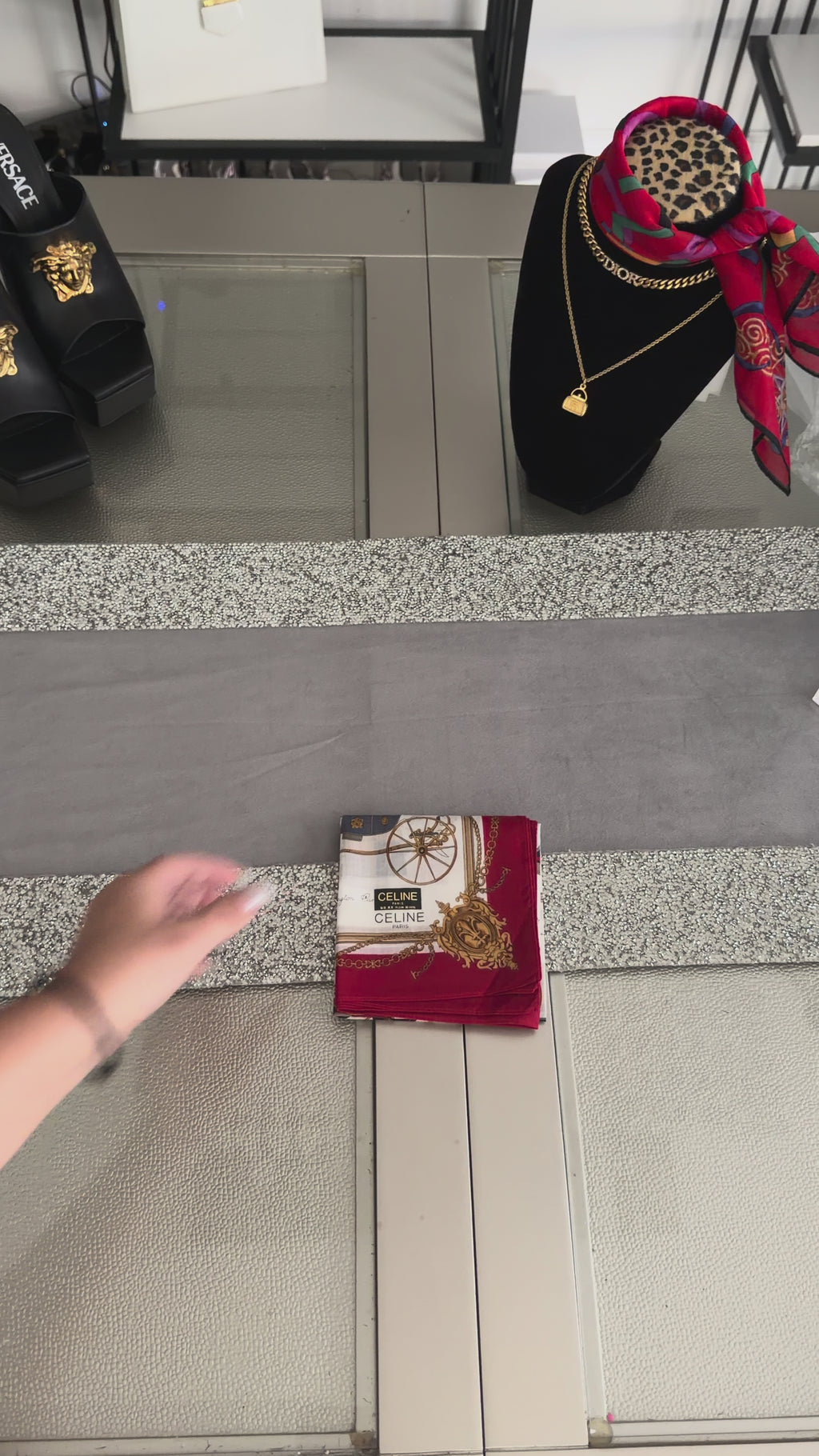 CELINE Vintage Carriage Print Silk-Cotton Scarf – Red & Ivory